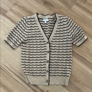 J.Crew, black and tan striped short sleeve cardigan sweater size small.  EUC